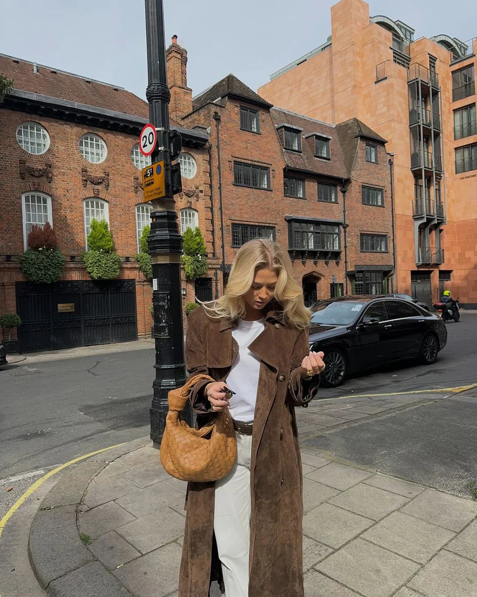 Model Wearing Arlyssia Velvet Trench Coat